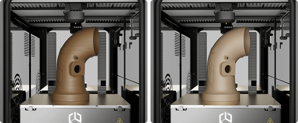 Creatbot PEEK-250 3D printer with two identical pipe parts in tan material, showcasing the printer's precision and capability in an industrial setting.