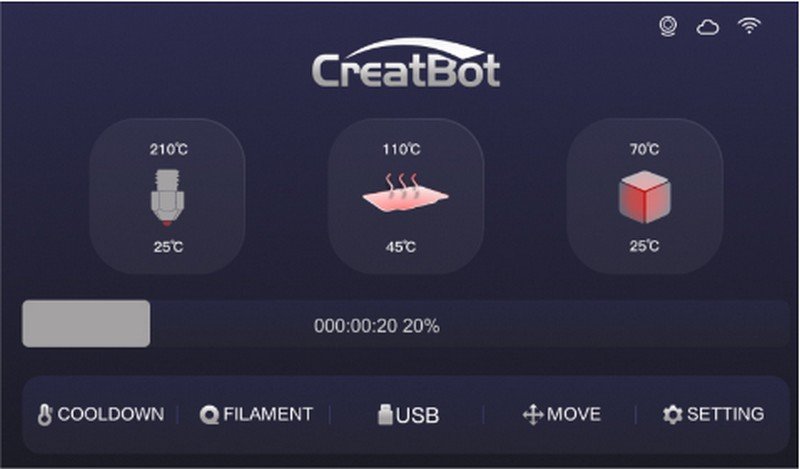 Interface screen displaying the CreatBot Peek-250 3D printer's control panel. The visual includes indicators for print head temperature at 210°C, print bed temperature at 110°C, and ambient temperature at 70°C. The layout shows options such as cooldown, filament management, USB connectivity, motion settings, and general settings. A progress bar indicates 20% completion at 00:00:20 elapsed time, labeled with CreatBot branding.
