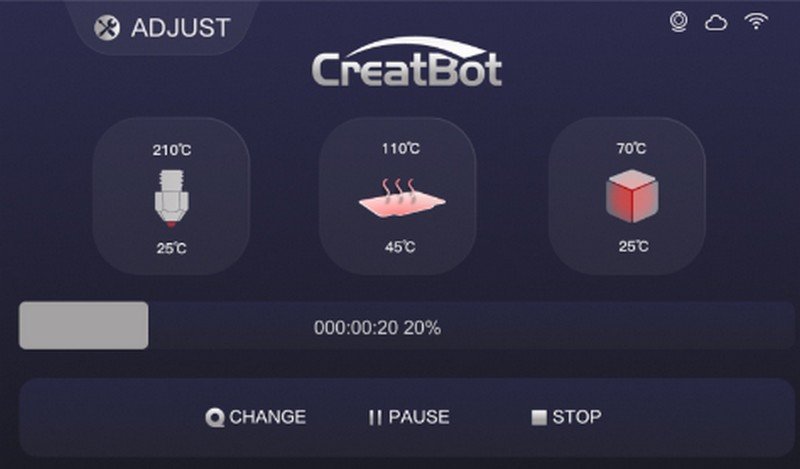A digital interface from the CreatBot PEEK-250 displaying adjustable temperature settings. The screen includes three main icons representing components: a nozzle set at 210°C, a heating bed at 110°C, and an enclosed chamber at 70°C. Current temperatures are indicated alongside each icon. The interface provides options for change, pause, and stop, and features the CreatBot logo prominently at the top, signifying brand identity. The layout is designed for user-friendly interaction in controlling the 3D printer’s operations.