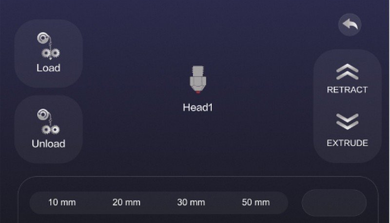 This image depicts the user interface of the Creatbot PEEK-250, highlighting a control screen featuring options for loading and unloading filament. The screen includes detailed icons for operation, such as "Load," "Unload," "Retract," and "Extrude," alongside measurements of extrusion lengths ranging from 10 to 50 millimeters. The simple, intuitive layout aids efficient manipulation of the printer’s extruder head.