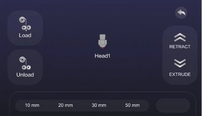 Creatbot PEEK-250 control interface with Load, Unload, Retract, and Extrude options. Central nozzle icon labeled Head1.