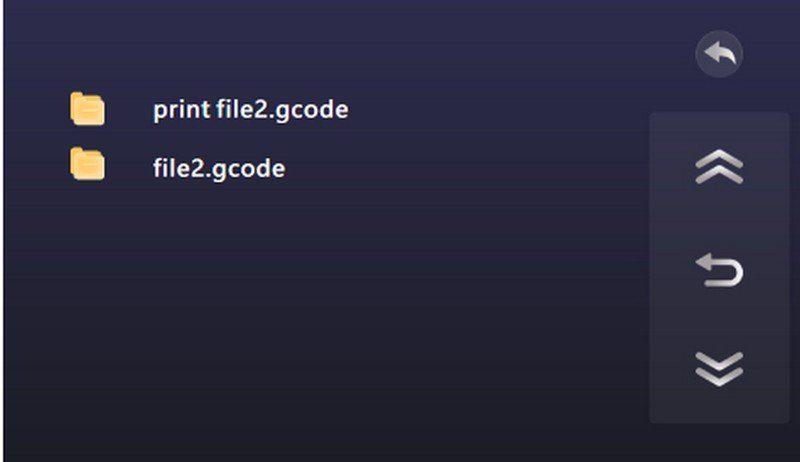 File management screen of the CreatBot Peek-250 3D printer, shown with a dark blue background. Two files are listed: "print file2.gcode" and "file2.gcode". Side navigation icons allow for scrolling through the list and returning to previous menus. This interface is designed for selecting files to print.