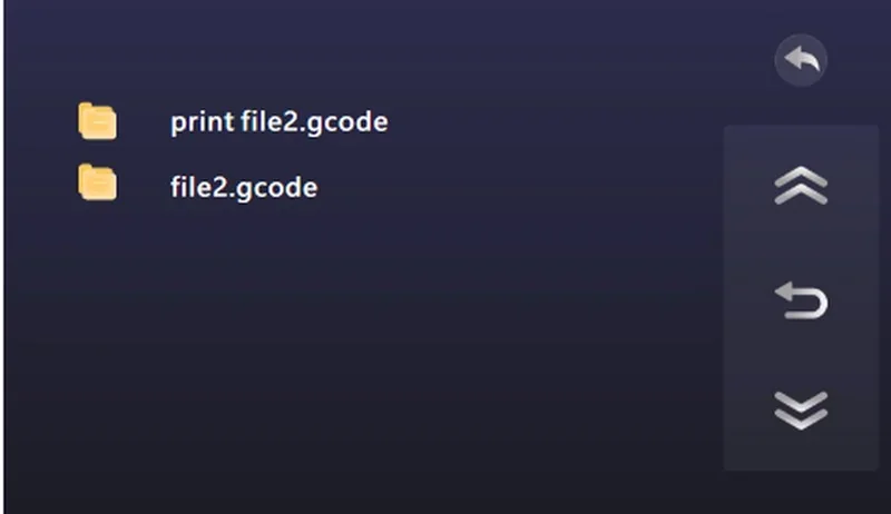 creatbot peek-250 3D printer interface showing print files, navigation icons on dark background.