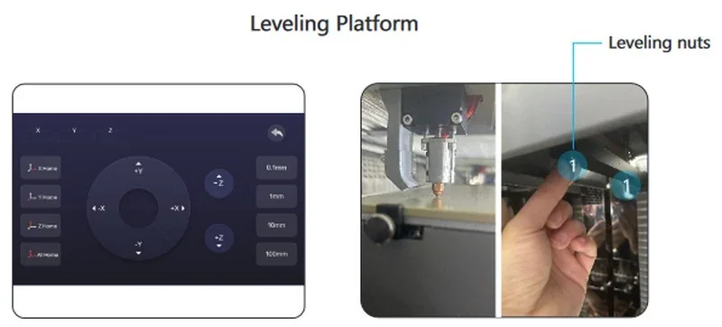 Creatbot PEEK-250 leveling platform interface and close-up of nozzle adjustment with leveling nuts for precise 3D printing alignment.