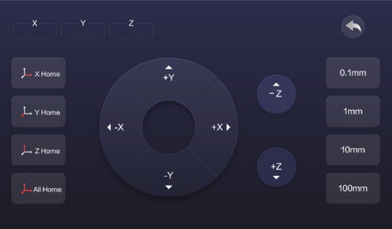 A digital control interface for the creatbot peek-250 featuring a dark background. The interface displays a circular navigation pad with directional controls for the X, Y, and Z axes, allowing precise adjustments to the printer head's position. Additional buttons for incremental movement—ranging from 0.1mm to 100mm—are aligned on the right side, enhancing control over the printing process. Buttons labeled for home positioning of each axis indicate user-friendly navigation.