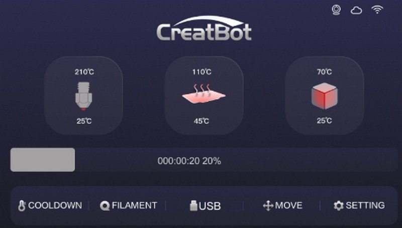 The digital interface of the CreatBot PEEK-250 3D printer displays real-time status information. The screen shows the temperature of various components: the nozzle at 210°C, the bed at 110°C, and the chamber at 70°C. Below these icons, there’s a progress bar indicating 20% completion and a time elapsed counter. The bottom menu offers options for 'Cooldown,' 'Filament,' 'USB,' 'Move,' and 'Setting,' with a purple background and the CreatBot logo prominently displayed at the top.