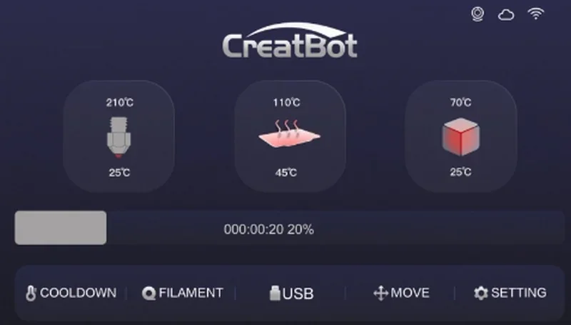 CreatBot PEEK-250 digital interface displaying temperature settings for nozzle, bed, and chamber, with branding and operation status details.