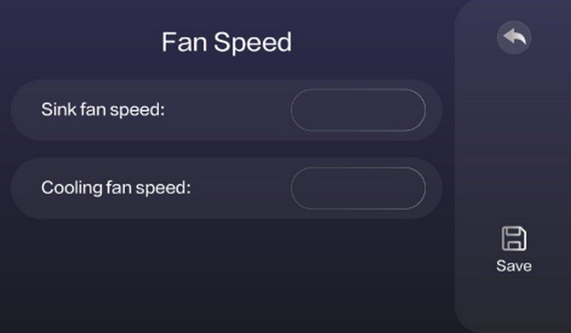 A digital interface displaying fan speed settings, labeled "Fan Speed." It includes two adjustable sliders for “Sink fan speed” and “Cooling fan speed.” The screen has a dark background with a simple layout, along with a "Save" icon to retain any changes, indicative of the user-friendly interface associated with the creatbot peek-250 3D printer.
