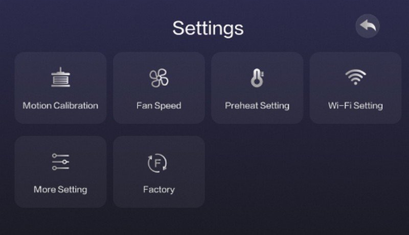 The settings interface for the CreatBot PEEK-250 3D printer features a clean, user-friendly layout. The screen includes icons and text for various configurable options: 'Motion Calibration,' 'Fan Speed,' 'Preheat Setting,' 'Wi-Fi Setting,' 'More Setting,' and 'Factory.' The background is dark purple, contributing to a sleek and modern design, with navigation elements like a back arrow to facilitate use.