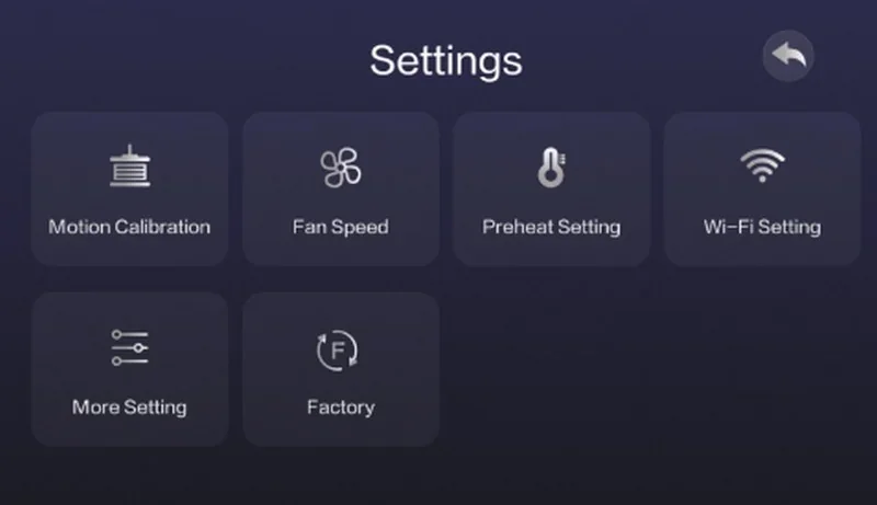Settings menu for Creatbot PEEK-250 with options for motion calibration, fan speed, preheat, Wi-Fi, more settings, and factory.