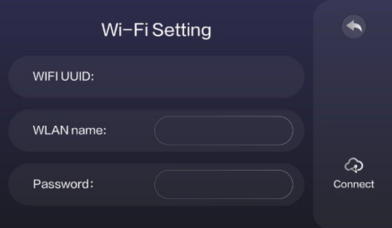 Wi-Fi setting screen for the CreatBot Peek-250. It includes fields to input the WIFI UUID, WLAN name, and password. The background is dark blue, featuring a side navigation icon for returning to previous menus and a button labeled "Connect" with a cloud icon, indicating connectivity options.