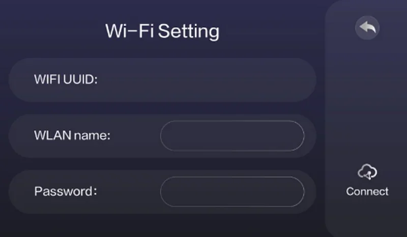 Wi-Fi settings interface for Creatbot PEEK-250, showing fields for WIFI UUID, WLAN name, and Password, with a connect button on a dark background.