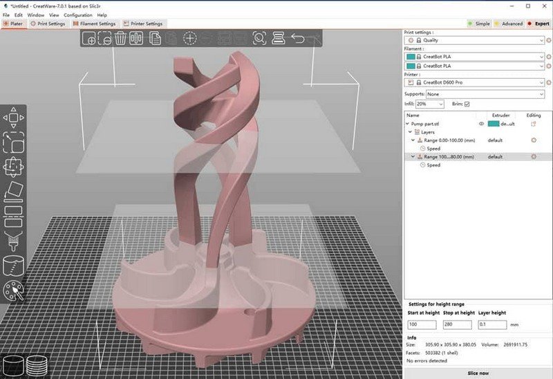 A 3D modeling software interface displaying a complex spiral component designed for printing. The model is set within the software’s virtual build space, ready for production on a Creatbot printer. The settings panel shows options for filament type, printer selection, and other detailed configurations, emphasizing the integration of advanced software with the Creatbot PEEK-250 for precision manufacturing.