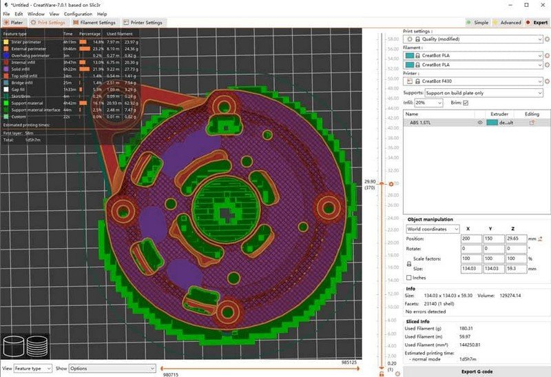A detailed screenshot of 3D printing software in use, likely associated with the CreatBot PEEK-250, showing a technical illustration of a part being prepared for printing. The layered view displays various elements like infill patterns and support structures, essential for understanding print progress and settings. The right side includes detailed parameters such as layer height, filament type, and dimensions, demonstrating the precision and customization available for advanced printing projects.