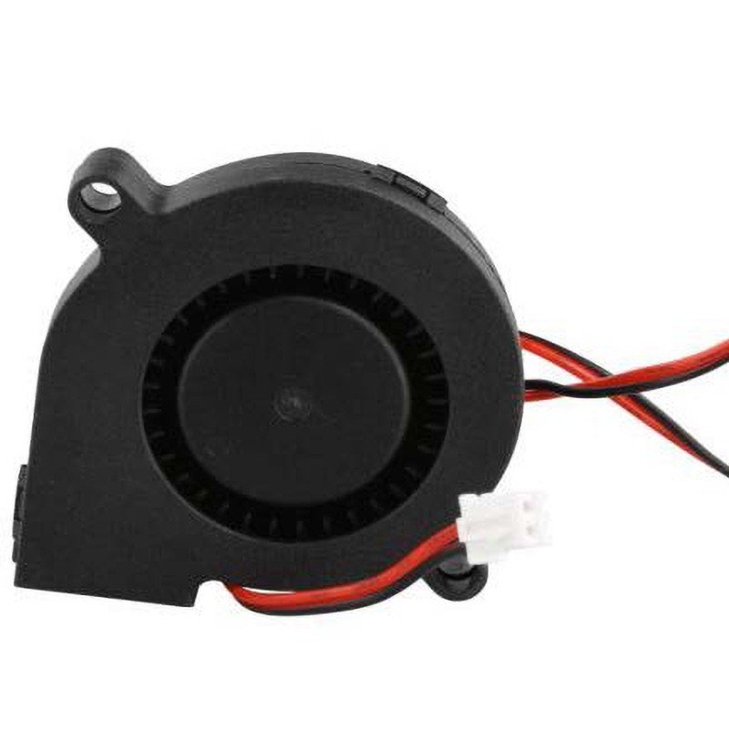 The image displays a compact cooling fan, a vital component of the Creatbot PEEK-250 3D printer, essential for heat dissipation during the printing process. The fan is circular, black in color, and includes a connector with black and red wires visible. Its design is optimized for maintaining temperature control within the printer’s calibrated environment, ensuring precision and stability during prolonged high-temperature operations.