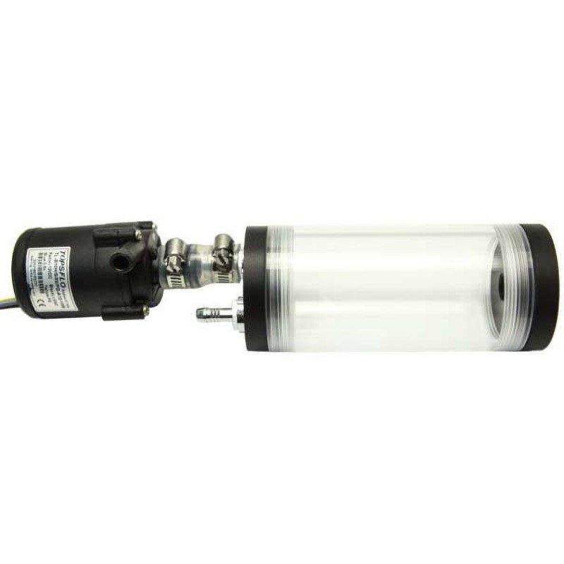 A side view of a vacuum pump consisting of a black motor connected to a transparent cylindrical chamber with metallic clamps. The chamber is sealed with black caps on both ends, with a hose fitting extending from it. This component is intricate and appears to be part of a larger mechanical system.