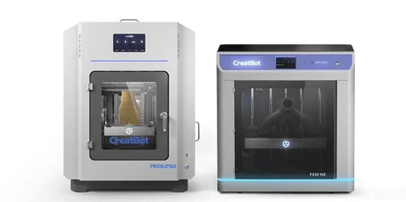 CreatBot PEEK-250 and F430 NX 3D printers showcasing a printed sample inside the PEEK-250, featuring sleek design and branding details.