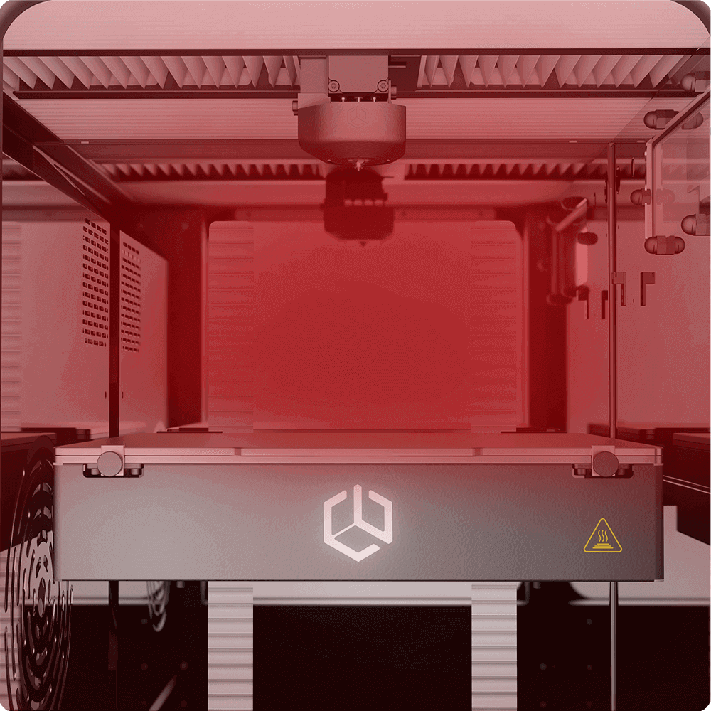 Creatbot PEEK-250 3D printer interior view with branding and safety icon, red-tinted lighting showcasing advanced printing capabilities.