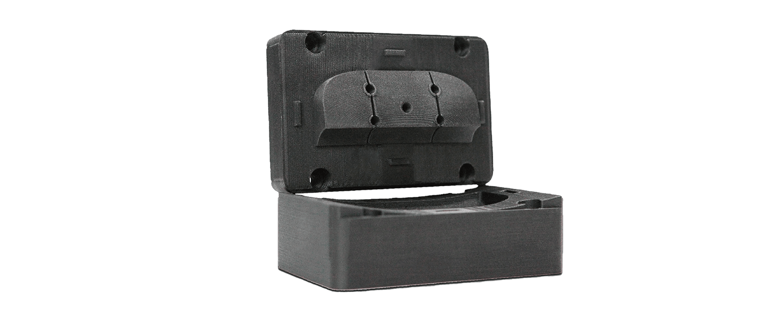 Black 3D printed box with lid open, showcasing detailed parts, created by creatbot peek-300, highlighting precision engineering and design.