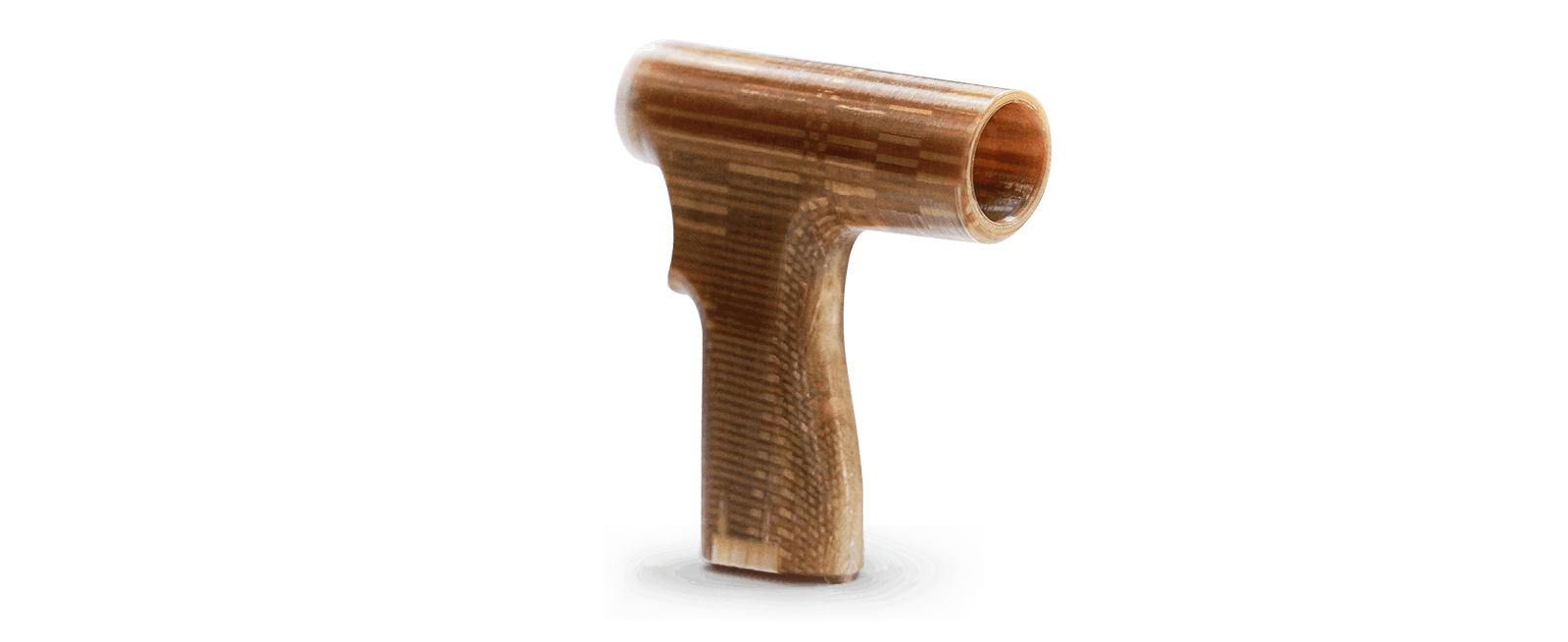3D printed brown handle created by the CreatBot PEEK-300, showcasing detailed layered texture and cylindrical opening.