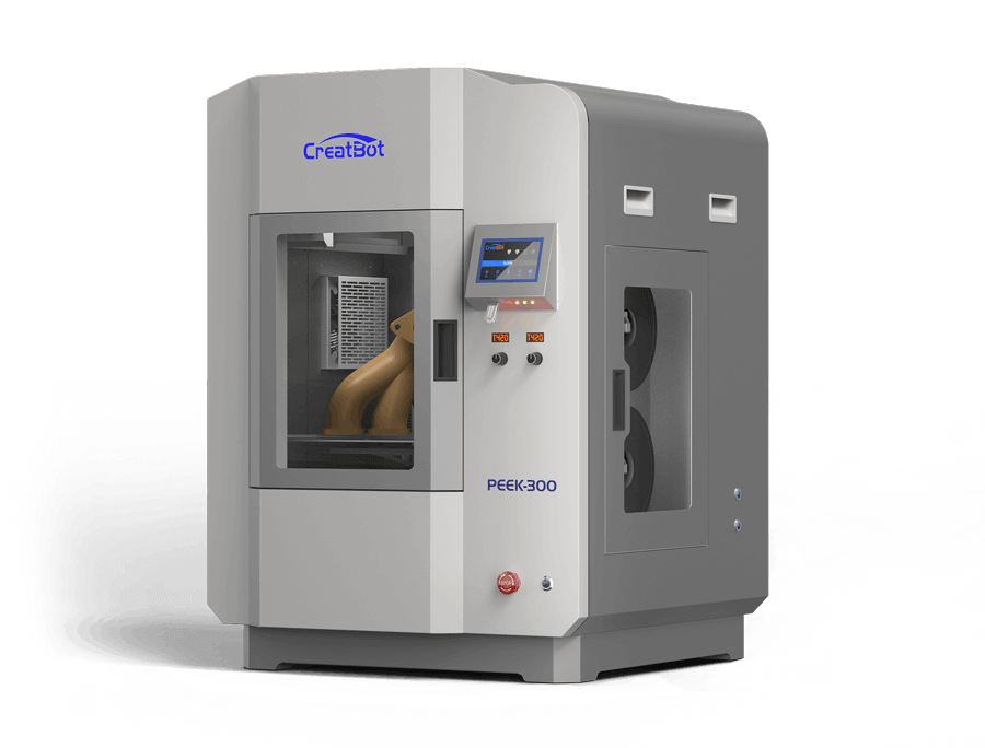 Creatbot PEEK-300 3D printer with digital display, printing sample parts inside. Gray, sleek design, visible branding, and control panel.