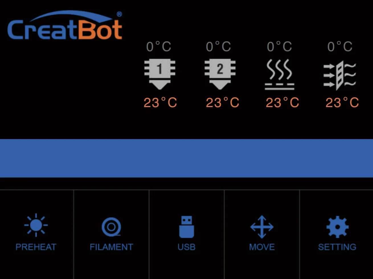 CreatBot PEEK-300 interface displaying temperature controls and settings icons for preheat, filament, USB, move, and settings.
