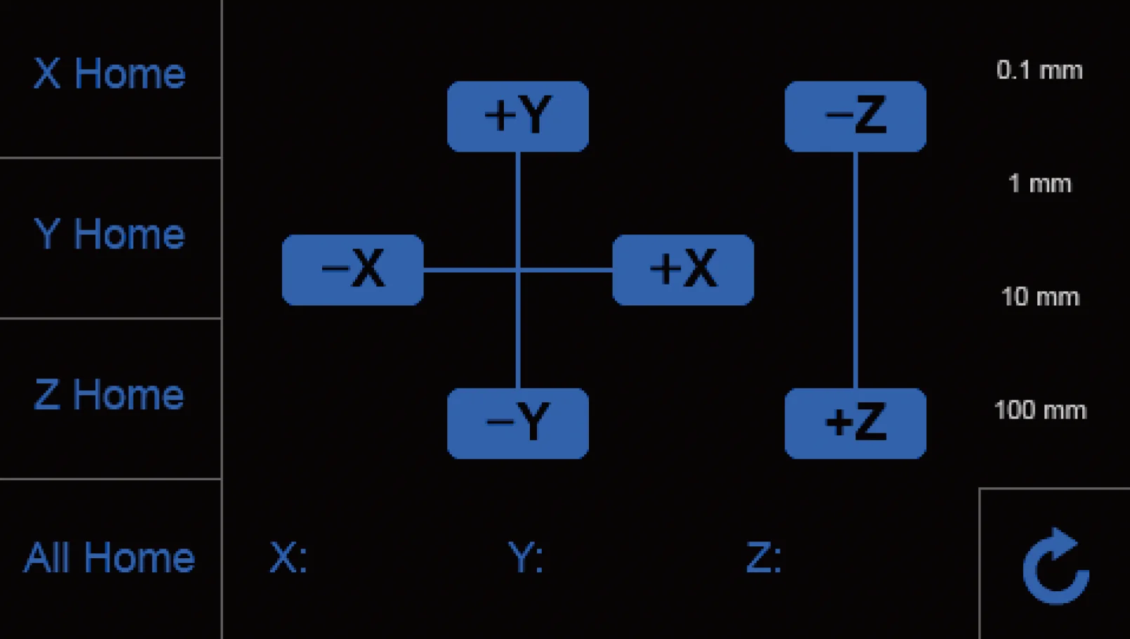 Creatbot PEEK-300 control interface with axis movement diagram and home buttons for X, Y, Z, including scaling options from 0.1 to 100 mm.