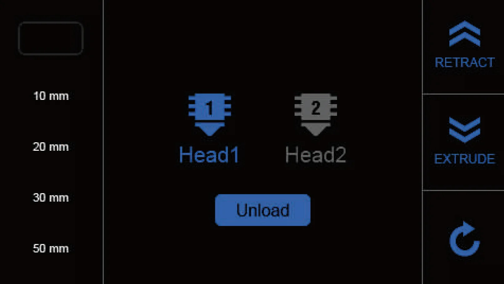 3D printer touch screen interface for Creatbot PEEK-300 showing options for Head1 and Head2, with retract, extrude, and unload buttons.