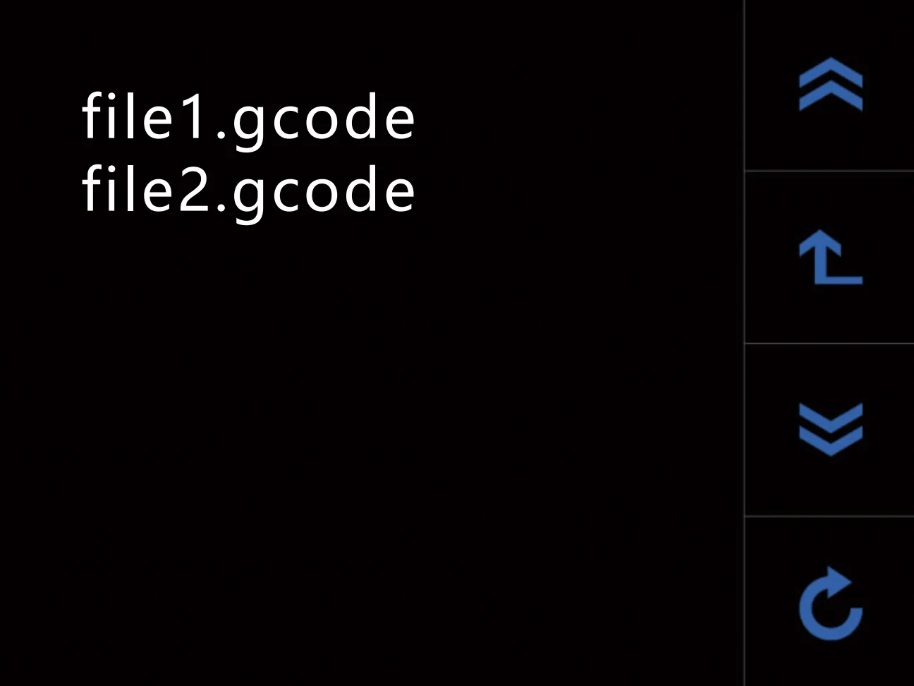 Black interface with two gcode files listed and blue navigation icons. Related to the creatbot peek-300 3D printer.