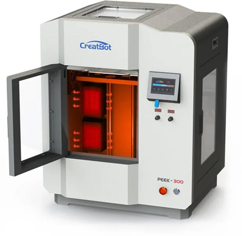 CreatBot PEEK-300 3D printer with open door, active dual-chamber lighting, touchscreen controls, suitable for high-performance sample creations.