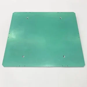 Green, rectangular build plate for Creatbot PEEK-300 3D printer with smooth surface and mounting holes, used for precision printing.