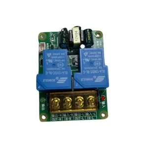 Electronic circuit board with blue relays and gold terminals, possibly a component created by the creatbot peek-300 3D printer.