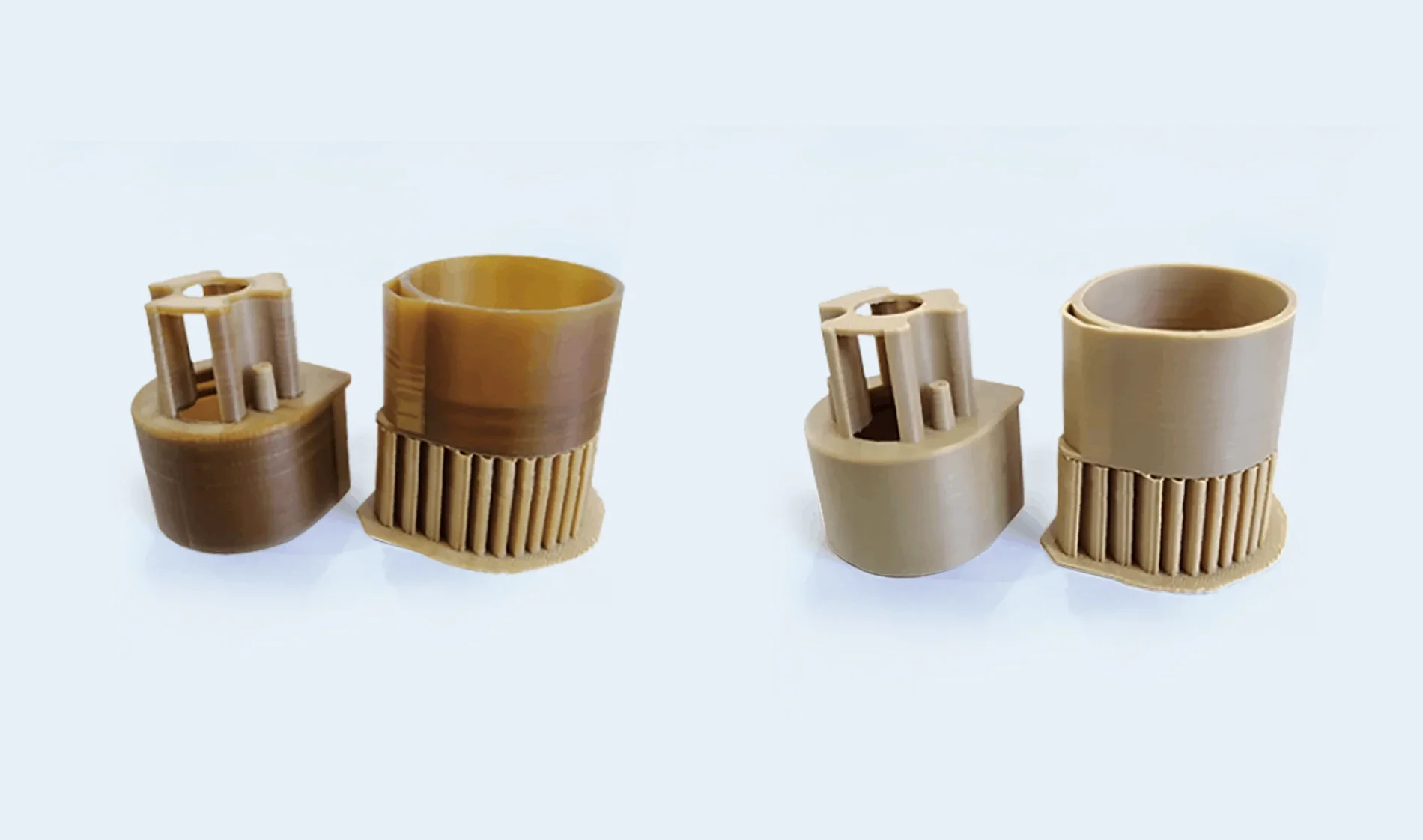 3D printed cylindrical parts in brown, showcasing supports and intricate structures, created by the Creatbot Peek-300.