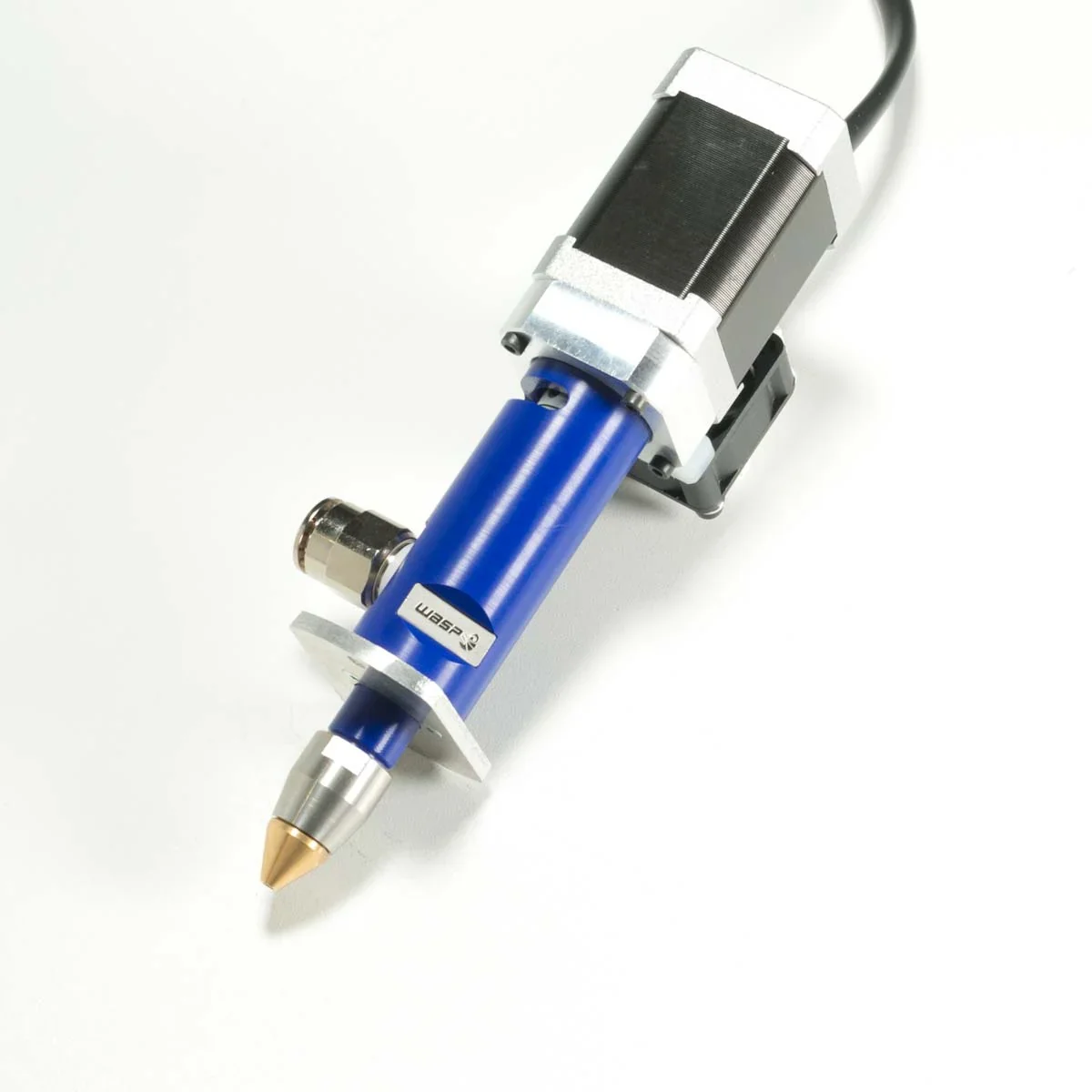 Delta Wasp 2040 Clay extruder in blue and silver, showcasing nozzle detail and branding, used for precise clay 3D printing.