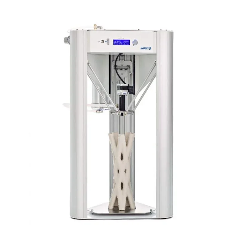 Delta WASP 2040 Clay 3D printer with printed ceramic structure in progress, showcasing sleek steel design and digital display.