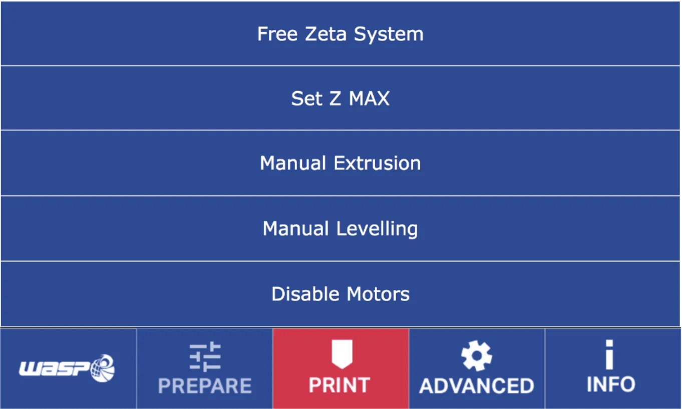 Delta WASP 2040 Industrial X interface showing menu options: Free Zeta System, Manual Extrusion, and Print features.