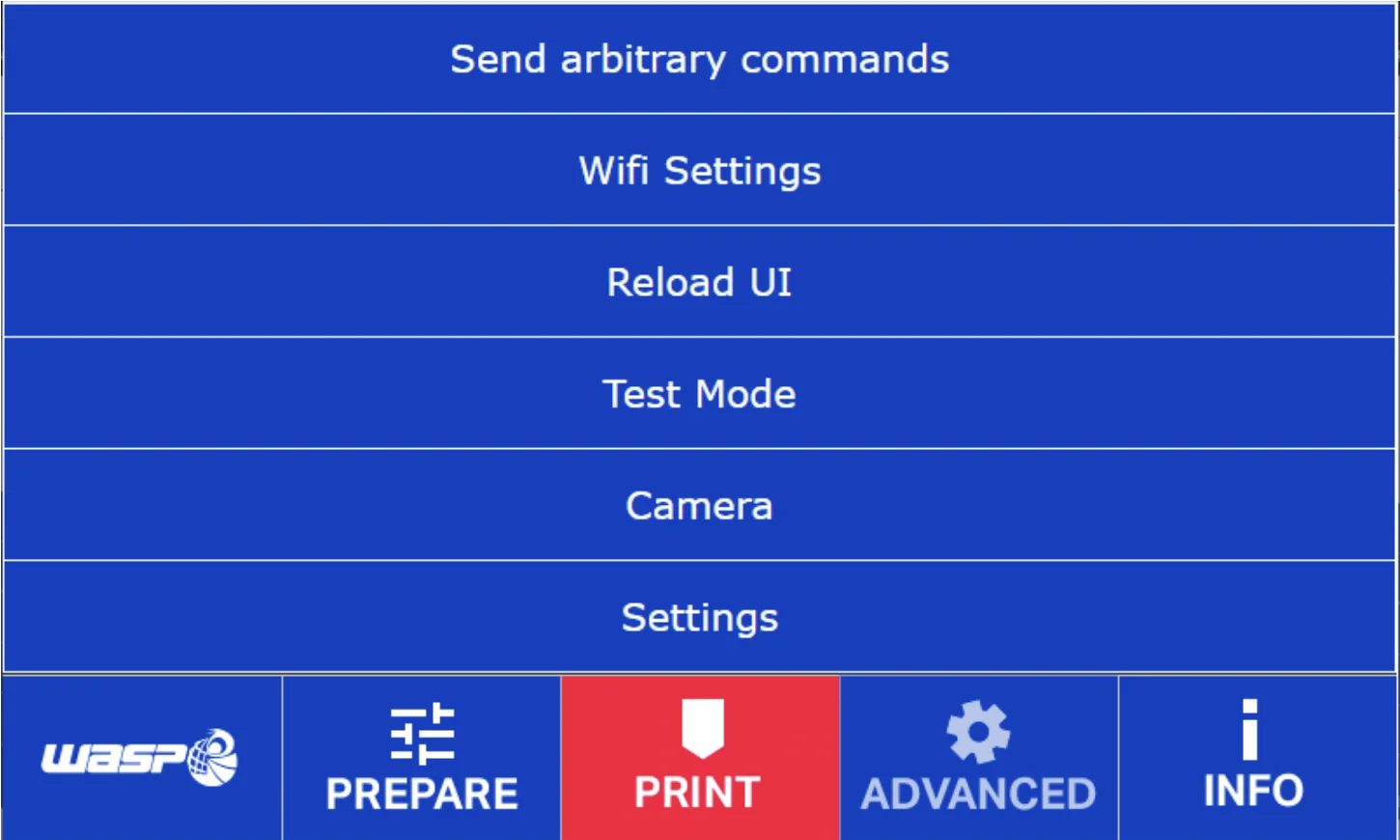Delta WASP 2040 Industrial X control interface with options including send commands, WiFi, test mode, and print. WASP branding visible.