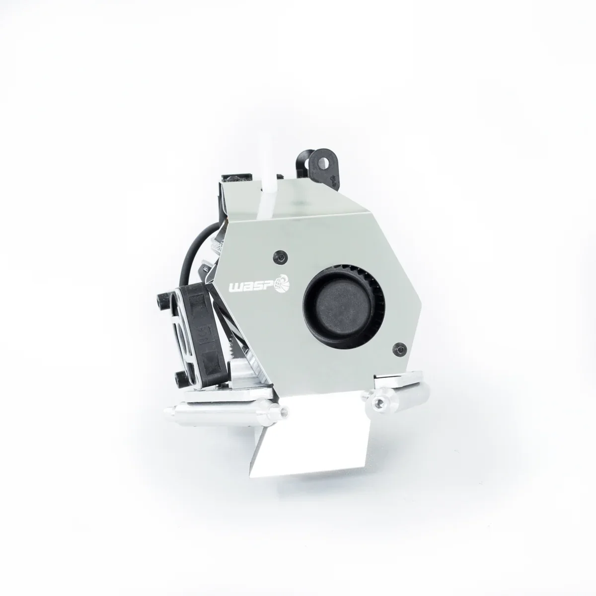 Delta WASP 2040 Industrial X printhead, metal casing with branding, mounted fan, efficient printing component.