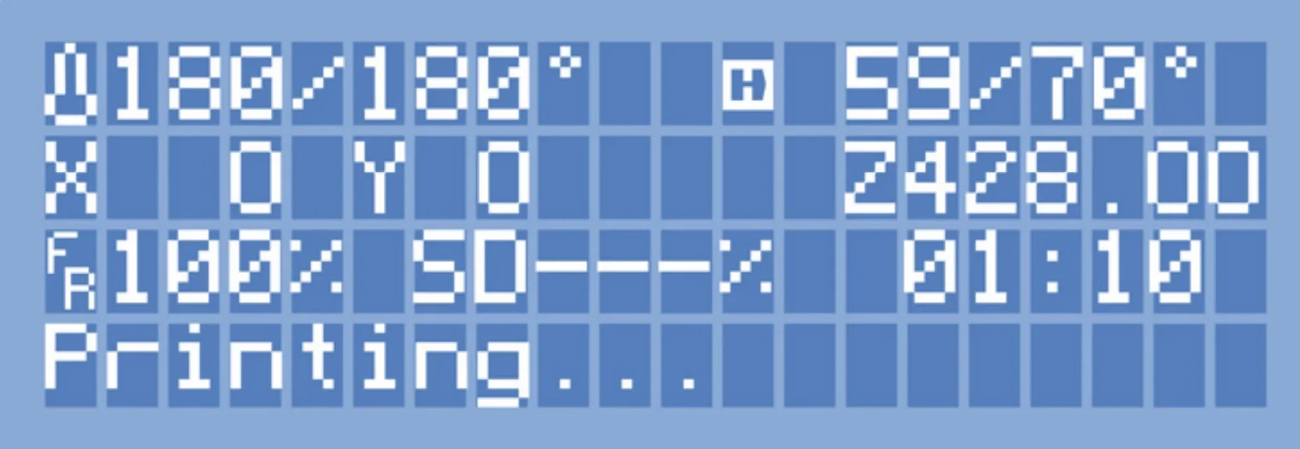 Delta Wasp 2040 Pro's LCD screen showing print temperatures, speed, progress, and status.