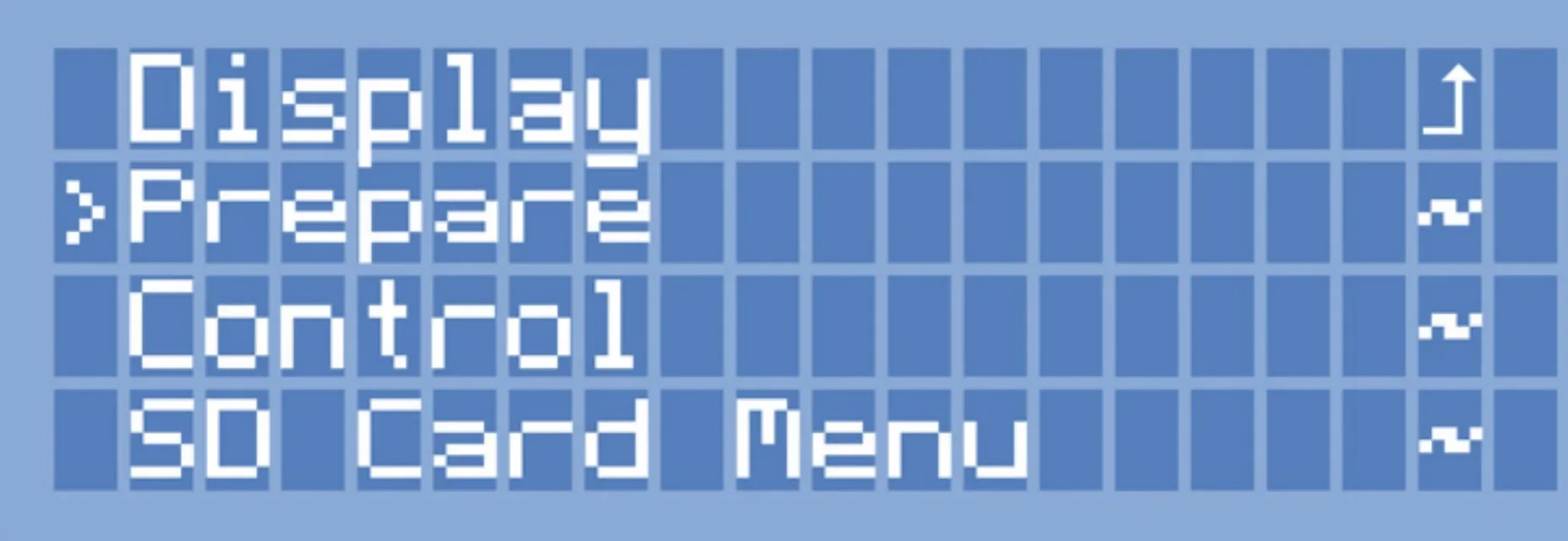 3D printer menu display for Delta Wasp 2040 Pro showing options: Display, Prepare, Control, SD Card Menu on a blue screen with white text.