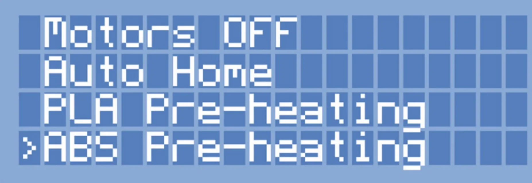 Blue control screen of delta wasp 2040 pro with options: Motors OFF, Auto Home, PLA Pre-heating, ABS Pre-heating, indicating 3D print readiness.