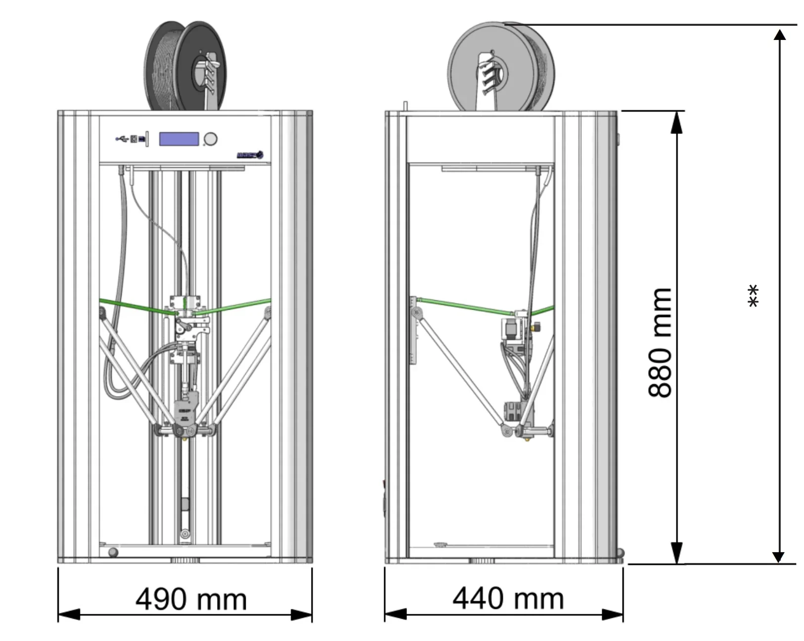 Delta WASP 2040 Pro 3D printer technical diagram shows front and side views with 490mm and 440mm width, 880mm height, filament spools on top.