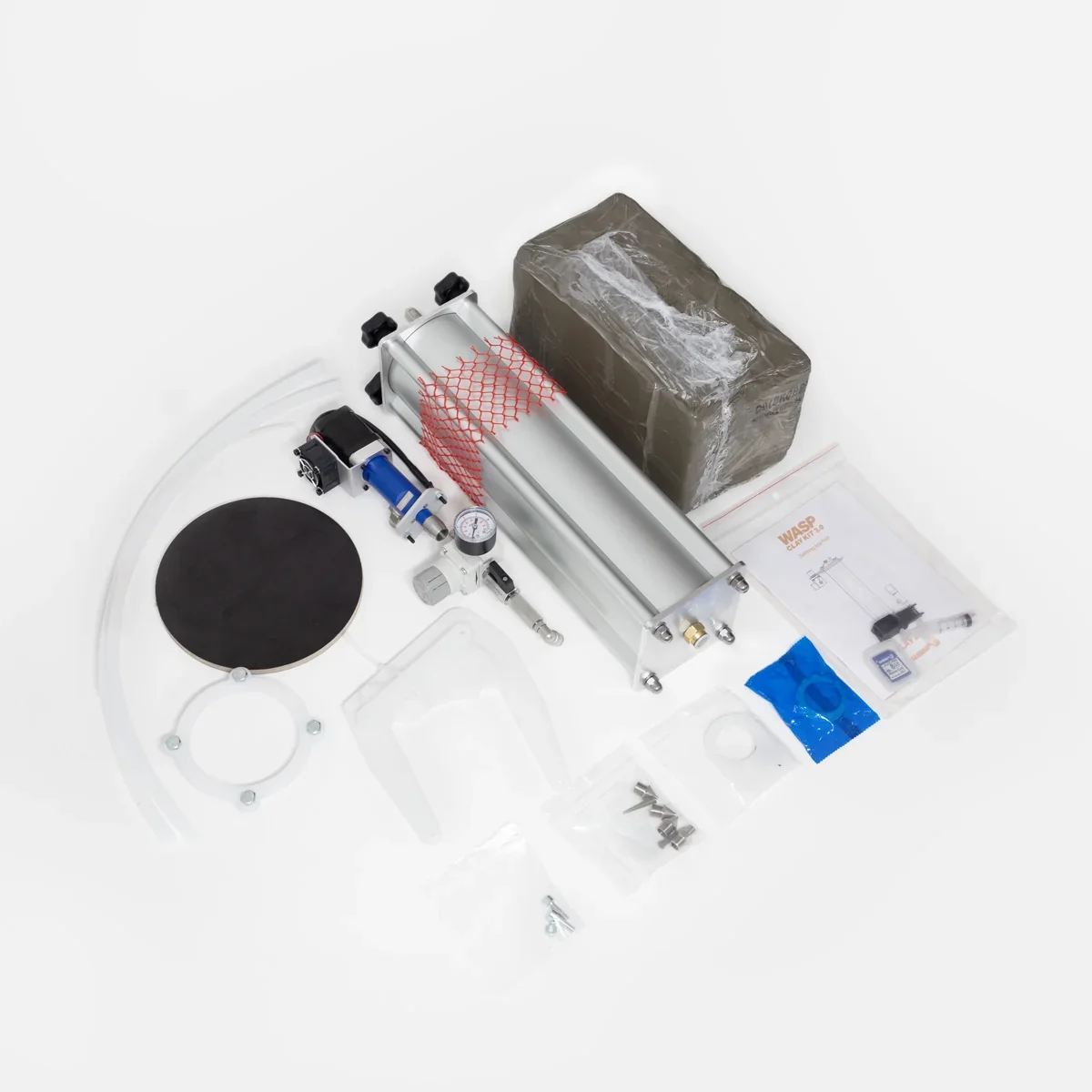 Delta Wasp 2040 Pro accessories including motor, pressure gauge, tubing, and manuals arranged on a white surface.