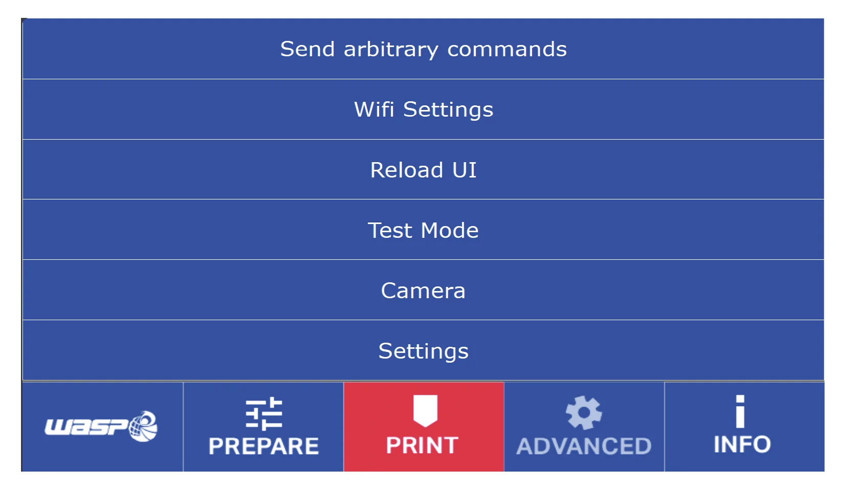 Delta WASP 3MT 3D printer menu interface, blue with options including Send Commands, WiFi Settings, Reload UI, Test Mode, Camera.