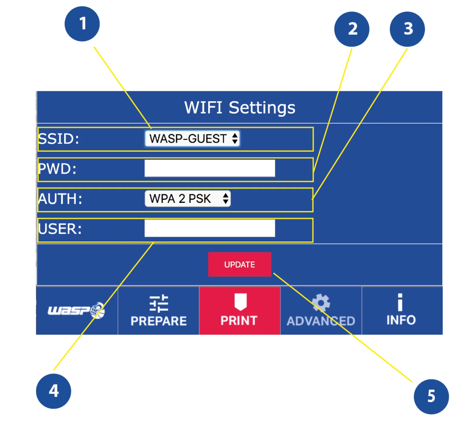 Delta WASP 3MT WiFi settings screen with options for SSID, password, authentication, and user. Branding and control icons for preparation and printing.