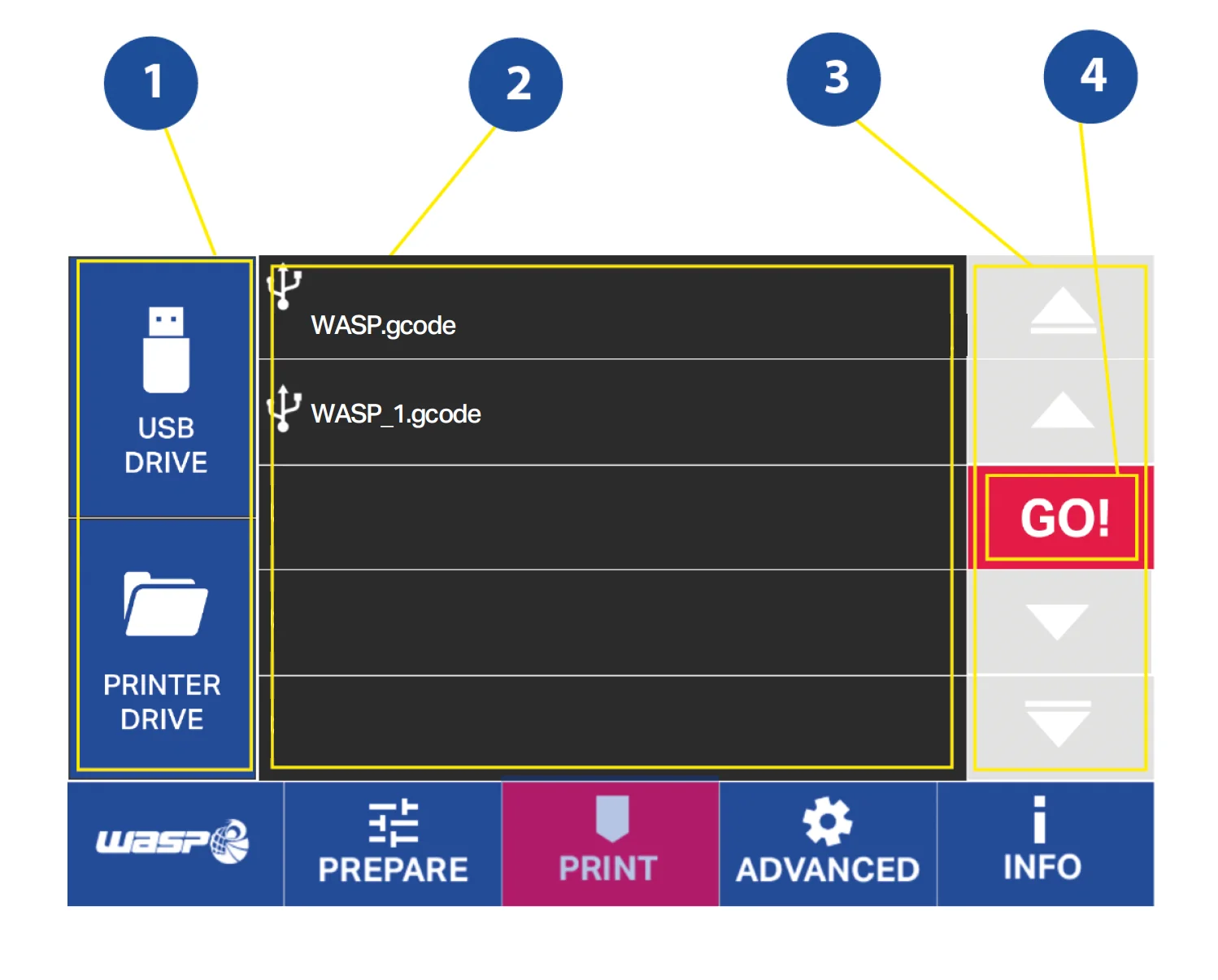 Delta WASP 3MT printer interface showing file selection from USB. Options include gcode files. Buttons for prepare, print, advanced, info visible.