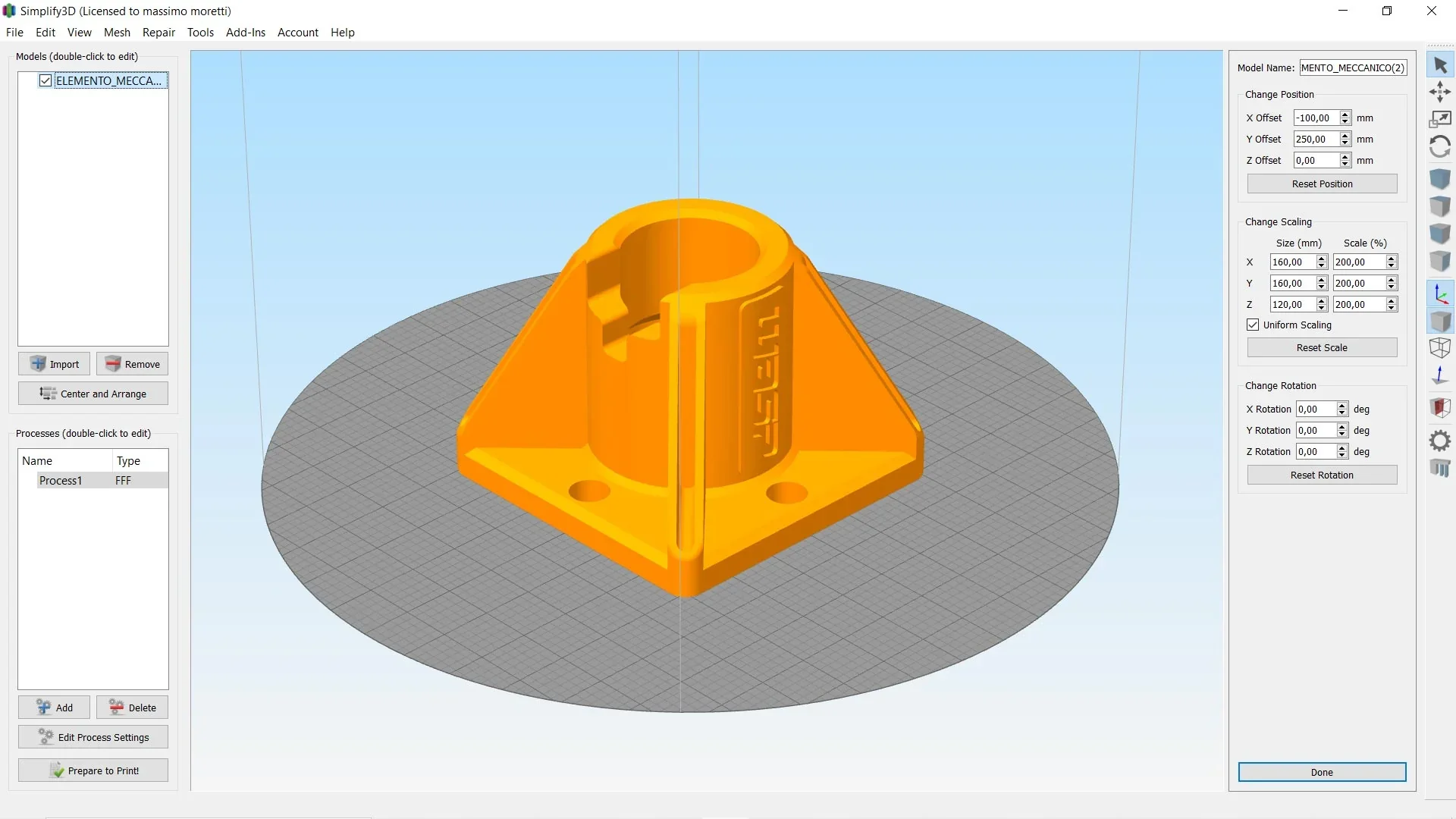 Delta Wasp 3MT-created orange mechanical part in Simplify3D software, displayed on a virtual build plate with interface settings visible.