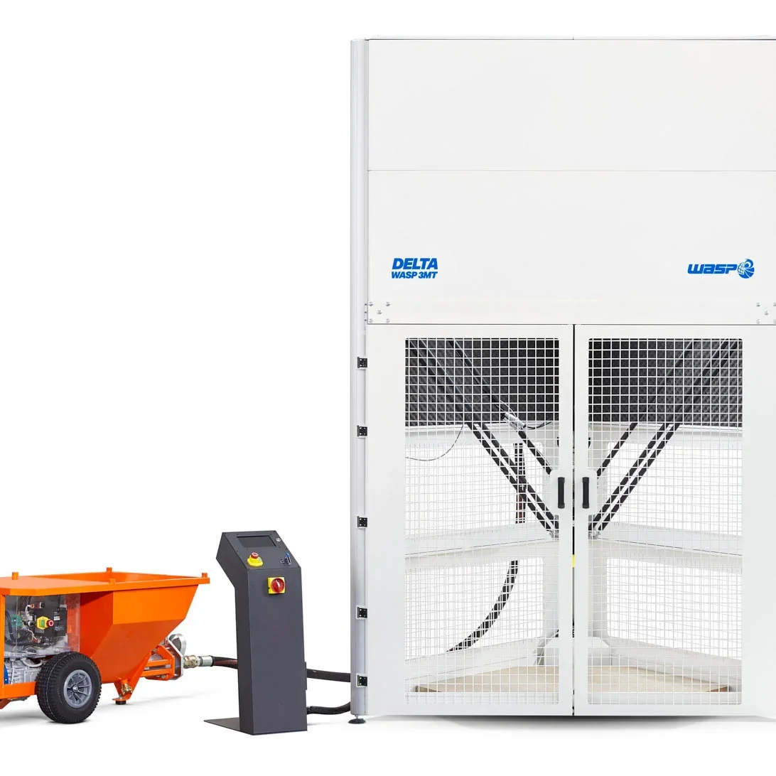 Delta WASP 3MT 3D printer with metal frame, wire mesh doors, and orange external mixing unit.