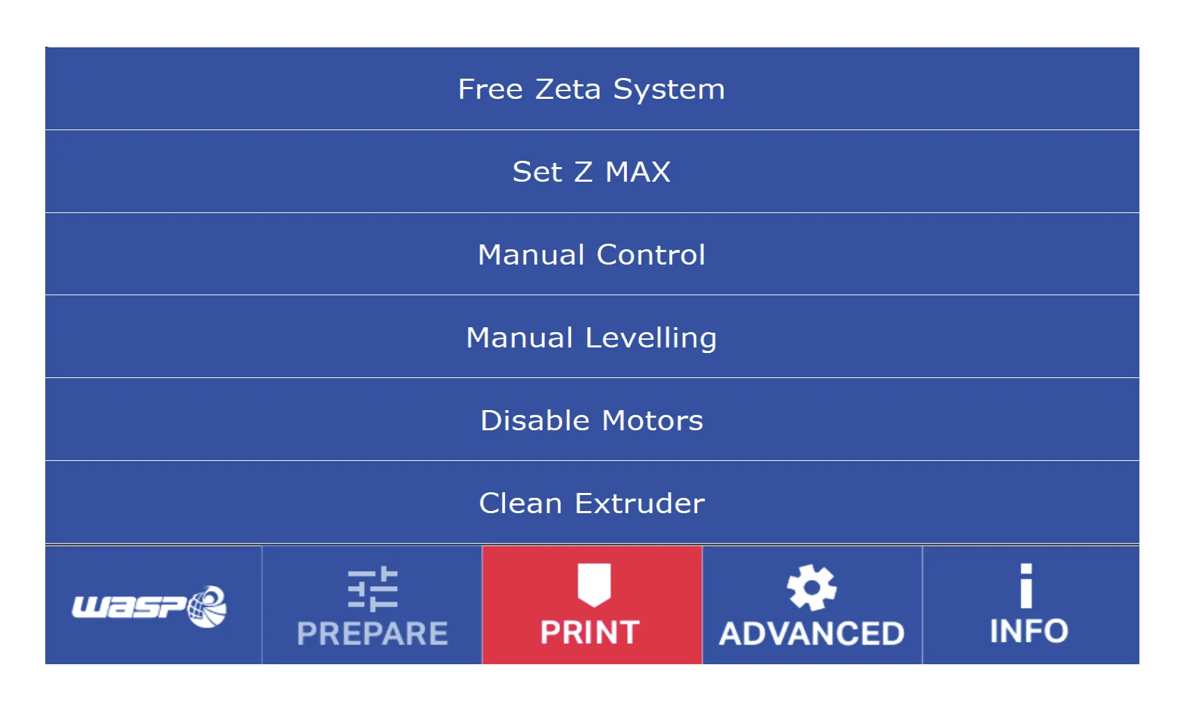 Delta WASP 3MT touchscreen interface displaying options: Free Zeta System, Set Z MAX, Manual Control, Manual Leveling, Disable Motors, Clean Extruder.