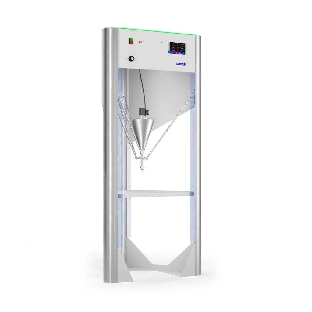 Delta Wasp 40100 Clay 3D printer, featuring a vertical design with a cone extruder and control panel, ideal for clay creations in a sleek metallic frame.